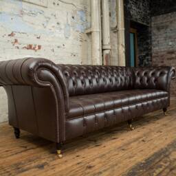 4 Seater Smoke Brown Leather Chesterfield Sofa, British Handmade Furniture - thumbnail 3