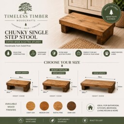 Chunky Wooden Step Stool 29cm Width - Extra Wide Rustic Wood Solid Bench Kitchen Bathroom Nursery - thumbnail 3