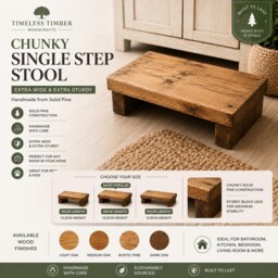 Chunky Wooden Step Stool 29cm Width - Extra Wide Rustic Wood Solid Bench Kitchen Bathroom Nursery - thumbnail 2