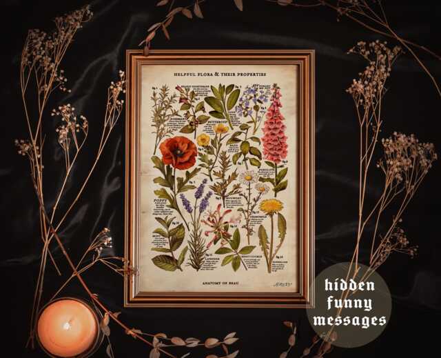 Vintage Flowers - A4 & A3 Print - Includes Funny Hidden Message Dark Academia, Cottagecore, Witchy Aesthetic, Gothic, Quirky Art Poster - image 1