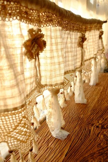 Scottish Country Shabby Chic Window Valence Curtain Banner Burlap Lace Rosette Handmade - image 1