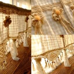 Scottish Country Shabby Chic Window Valence Curtain Banner Burlap Lace Rosette Handmade - thumbnail 2