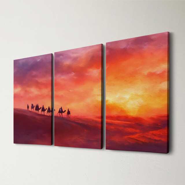 Moroccan Desert Sunset Camel 3 Panel Split Canvas Wall Art Sahara Landscape Oil Painting Framed Home Boho Decor Gift - image 1