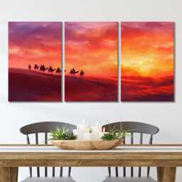 Moroccan Desert Sunset Camel 3 Panel Split Canvas Wall Art Sahara Landscape Oil Painting Framed Home Boho Decor Gift - thumbnail 2