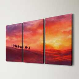 Moroccan Desert Sunset Camel 3 Panel Split Canvas Wall Art Sahara Landscape Oil Painting Framed Home Boho Decor Gift