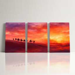 Moroccan Desert Sunset Camel 3 Panel Split Canvas Wall Art Sahara Landscape Oil Painting Framed Home Boho Decor Gift - thumbnail 3