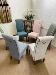 6 Hand Made Dining Room Chairs Newly Reupholstered in Modern Italian Multicoloured Boucle Fabric - thumbnail 1