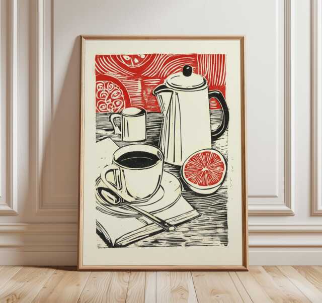 Modern Kitchen Wall Art, Linocut Coffee Print, Bold Black & Red Still Life Poster, Minimalist Breakfast Artwork, Retro Cafe Decor - image 1