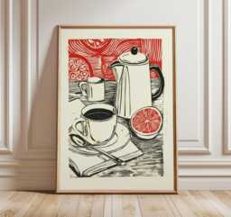 Modern Kitchen Wall Art, Linocut Coffee Print, Bold Black & Red Still Life Poster, Minimalist Breakfast Artwork, Retro Cafe Decor - thumbnail 1