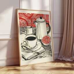Modern Kitchen Wall Art, Linocut Coffee Print, Bold Black & Red Still Life Poster, Minimalist Breakfast Artwork, Retro Cafe Decor - thumbnail 2