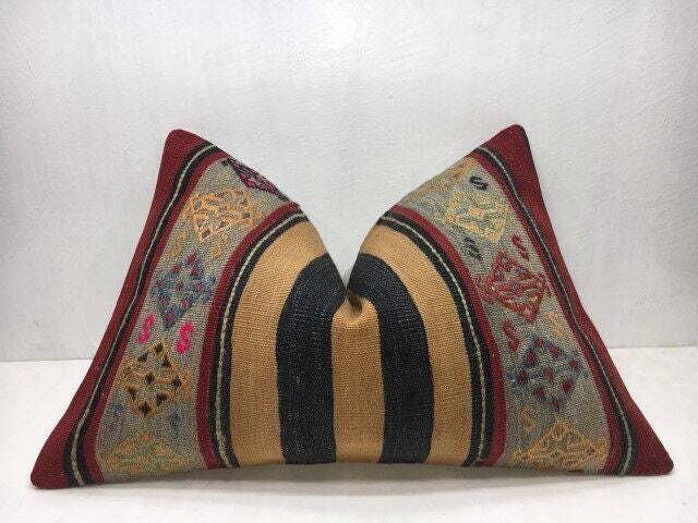 Vintage Kilim Lumbar Pillow, Turkish Handwoven, Bohemian Home Decor - 16x24 - image 1