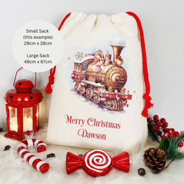 Personalised Christmas Sack, Gingerbread Train, Cotton-Poly Blend - image 1