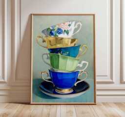 Vintage Teacup Still Life Watercolor Print - Cottagecore Kitchen Art