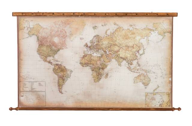 Teak World Map Wall Hanging Golden Satin Edges, Educational Decor - image 1