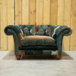 Unique British Green & Copper Velvet Fabric Patchwork Chesterfield Snuggle Armchair - thumbnail 3