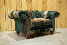 Unique British Green & Copper Velvet Fabric Patchwork Chesterfield Snuggle Armchair