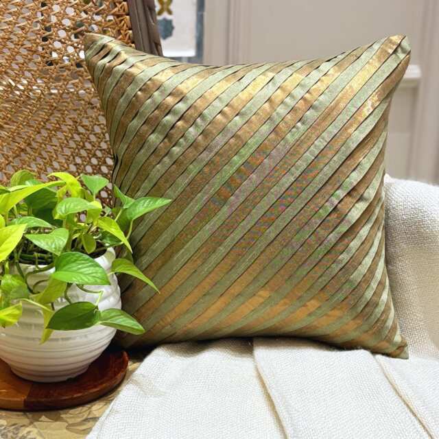 Art Silk Olive Green Striped Decorative Pillow Sham Cover, 24x24/26x26 Pintucks Pillowcase, Modern Euro Cover - Unfolding Copper - image 1