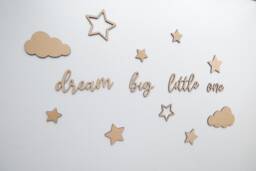 Dream Big Little One - Wooden Nursery Playroom Decor Children's Bedroom Wall Art Boho Scandi Accessory Clouds Dreams - thumbnail 1