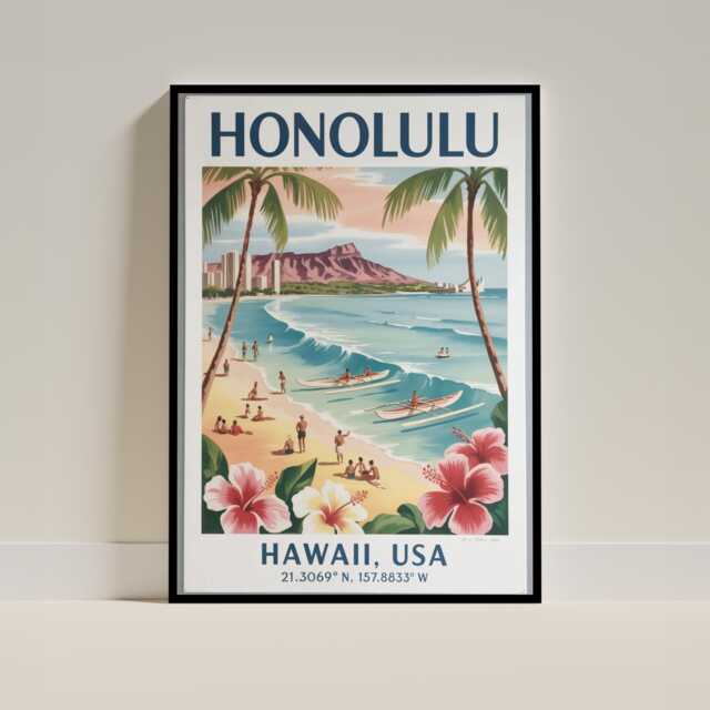 Honolulu Hawaii Travel Poster - Diamond Head Waikiki Beach Wall Art Vintage Mid Century Style Print Hawaiian Tropical Paradise Decor - image 1