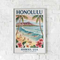Honolulu Hawaii Travel Poster - Diamond Head Waikiki Beach Wall Art Vintage Mid Century Style Print Hawaiian Tropical Paradise Decor - thumbnail 3
