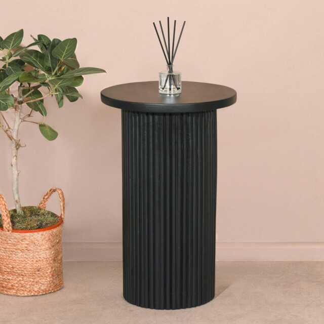 Hand Carved Black Wooden Reeded Fluted Round Top Occasional End Table Side - image 1