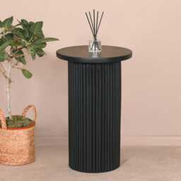 Hand Carved Black Wooden Reeded Fluted Round Top Occasional End Table Side - thumbnail 1