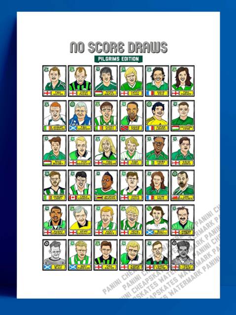 Plymouth Argyle - No Score Draws Pilgrims Edition A3 Print Of 36 Hand-Drawn Panini-style Pafc Icons Wonky Cheapskate Football Art - image 1