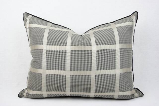 Black & Beige Plaid Masculine Pillow Cover, Piping, 12 X 20 Inch Tan Pillow, Accent Throw - image 1