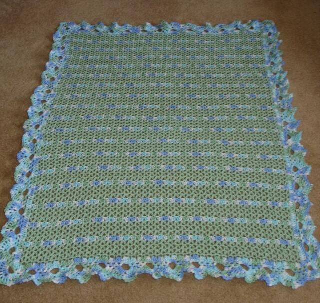 "New Handmade Easy Care ""Nostalgic Wrap"" Crocheted Baby Blanket/Afghan in Powder Green & Lovey - Variegated/Multicolored - 39"" X 46" - image 1