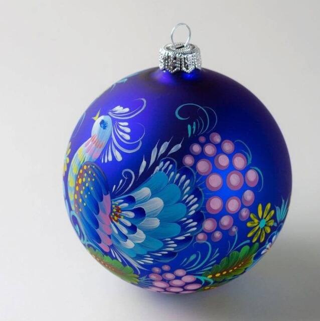 Blue Peacock Christmas Ornament, Hand Painted Petrykivka Glass Bauble, Personalized - image 1
