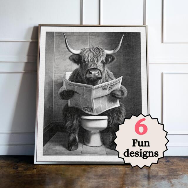 Funny Highland Cow Bathroom Print, Farm Animal Toilet Wall Art, Quirky Guest Decor, Poster, Lover Gift - image 1