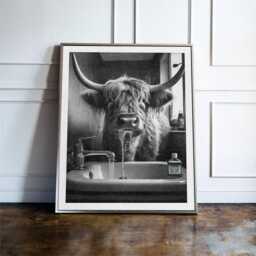 Funny Highland Cow Bathroom Print, Farm Animal Toilet Wall Art, Quirky Guest Decor, Poster, Lover Gift - thumbnail 3
