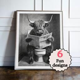 Funny Highland Cow Bathroom Print, Farm Animal Toilet Wall Art, Quirky Guest Decor, Poster, Lover Gift - thumbnail 1