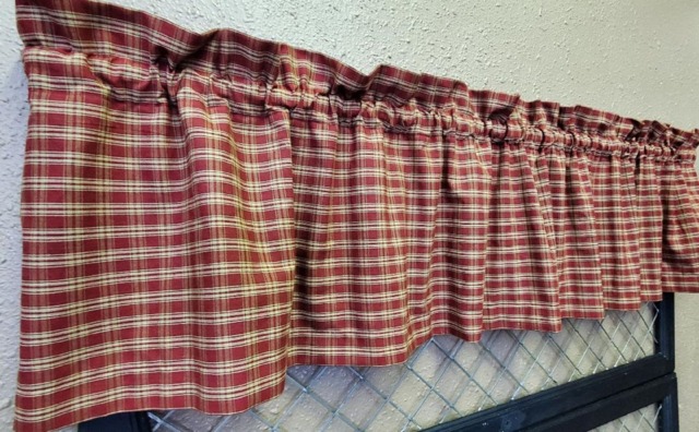 Handmade Rustic Country Primitive Burgundy Plaid Homespun Valance Farmhouse Curtain - image 1