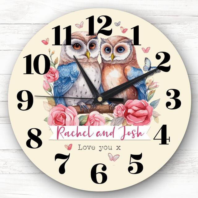 Owl Couple Love Birds Valentine's Day Gift Anniversary Yellow Personalised Clock - image 1