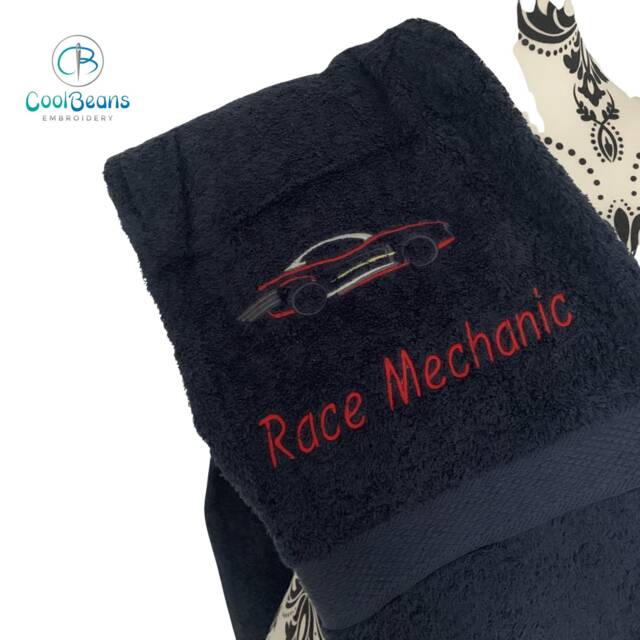 Racing Car Towel - Personalised Face Cloth/Hand Bath = Embroidered - image 1