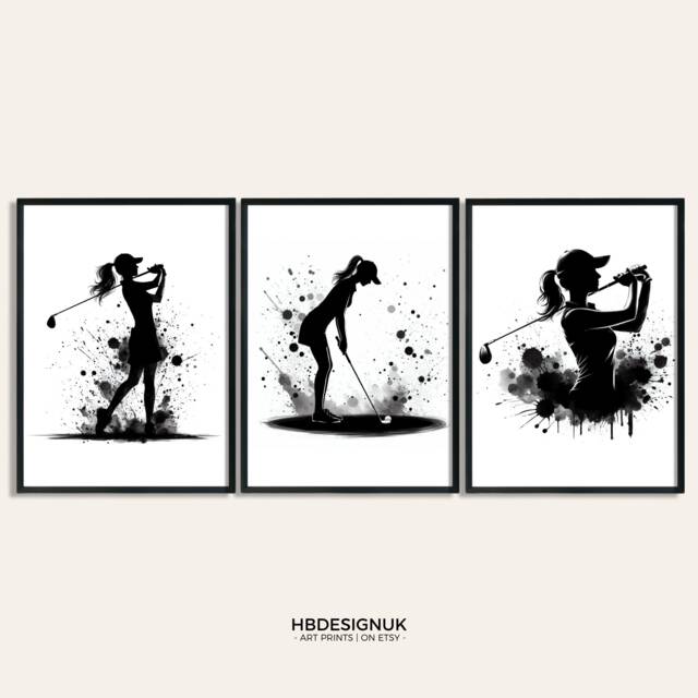 Girl Golf Women Print - Set Of 3 Golfing Prints - Black Watercolour Golfer Wall Art Posters For Lover Decor Room Artwork - image 1