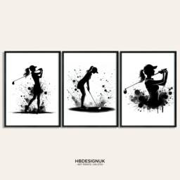 Girl Golf Women Print - Set Of 3 Golfing Prints - Black Watercolour Golfer Wall Art Posters For Lover Decor Room Artwork - thumbnail 1