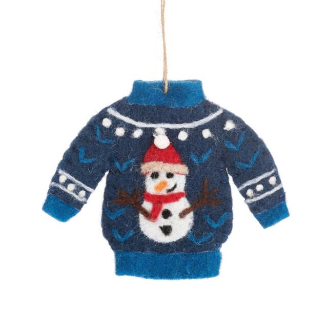 Blue Christmas Jumper Felt Tree Decoration - Winter Wonderland Festive Season Traditional Classic Fun Snowman Retro Gift