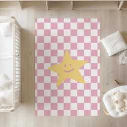Checkered Pink & White With Yellow Star - Rug, Carpet, Kids Decor, Children's Room Decor, Kids Carpet - thumbnail 2
