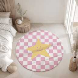 Checkered Pink & White With Yellow Star - Rug, Carpet, Kids Decor, Children's Room Decor, Kids Carpet - thumbnail 1