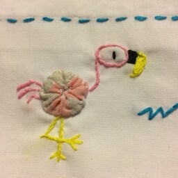 Hand Embroidered Flamingo Pillow Case Set Vintage Style Yoyo Bodies - thumbnail 2