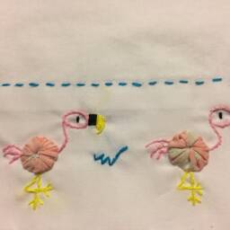 Hand Embroidered Flamingo Pillow Case Set Vintage Style Yoyo Bodies - thumbnail 3