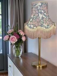 Handcrafted William Morris Steel Orchid Fabric Lampshade Antique Gold Braid Fringe, British Handmade
