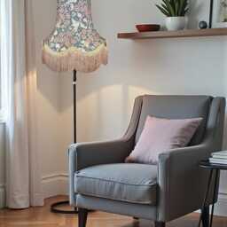 William Morris Steel Orchid Buttercup Curtains Fabric Lampshade Antique Gold Braid & Fringe, Bespoke British Handmade - thumbnail 2