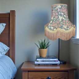 William Morris Steel Orchid Buttercup Curtains Fabric Lampshade Antique Gold Braid & Fringe, Bespoke British Handmade - thumbnail 3