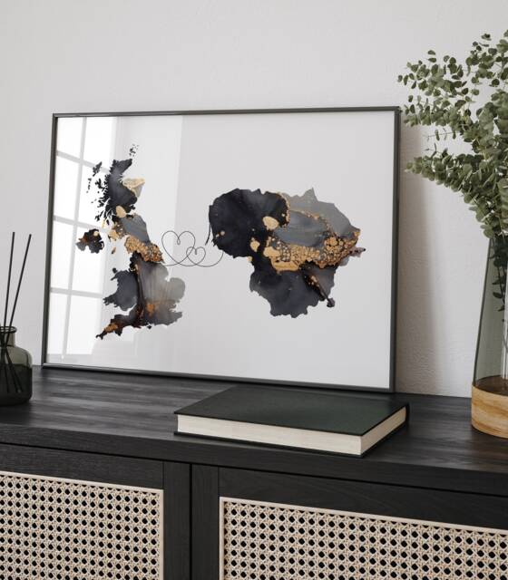 Britain & Lithuania Map Black & Gold Travel Wall Art Print - United Kingdom UK - image 1