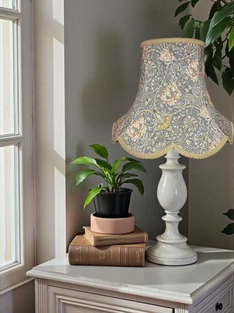 Handmade William Morris Steel Honeysuckle Fabric Scalloped Lampshade Antique Gold Braid, Bespoke British Made - image 1