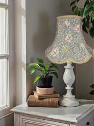 Handmade William Morris Steel Honeysuckle Fabric Scalloped Lampshade Antique Gold Braid, Bespoke British Made