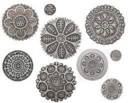 9 Circle Wall Art With Suzani Design, Hanging Floral Decor, Ceramic Tile, Outdoor Mural, Mix Design Aged Silver - thumbnail 1
